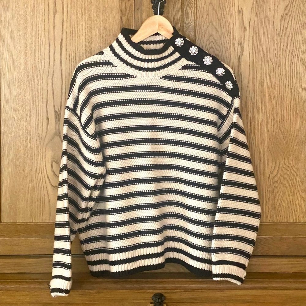 JCrew Black, Ivory Jeweled Buttons Mockneck Sweater